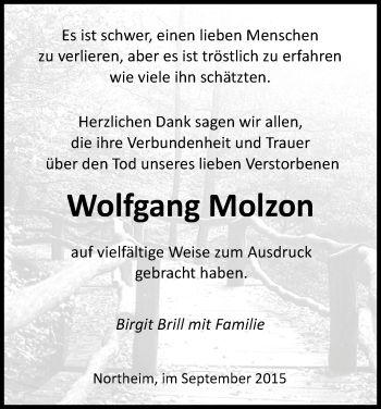 Todesanzeige von Wolfgang Molzon von HNA