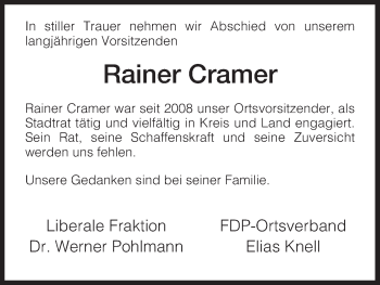 Todesanzeige von Rainer Cramer von HNA