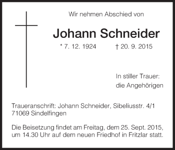 Todesanzeige von Johann Schneider von HNA