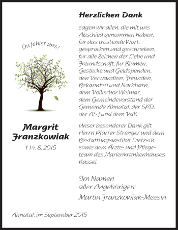 Todesanzeige von Margrit Franzkowiak von HNA