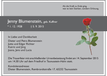 Todesanzeige von Jenny Blumenstein von HNA