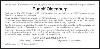 Todesanzeige von Rudolf Oldenburg von HNA