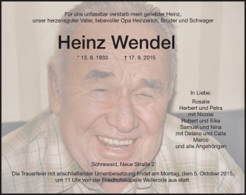 Todesanzeige von Heinz Wendel von HNA