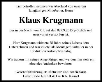 Todesanzeige von Klaus Krugmann von HNA