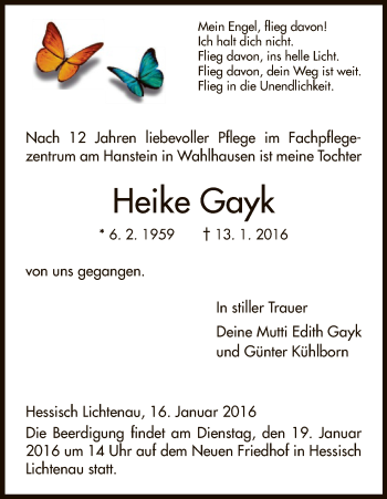 Todesanzeige von Heike Gayk von HNA