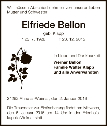 Todesanzeige von Elfriede Bellon von HNA