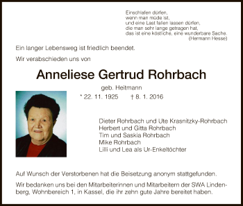 Todesanzeige von Anneliese Gertrud Rohrbach von HNA