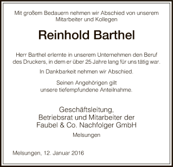 Todesanzeige von Reinhold Barthel von HNA