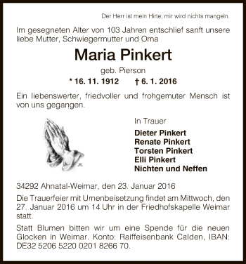Todesanzeige von Maria Pinkert von HNA