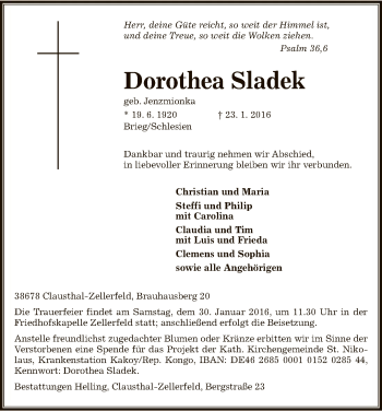 Todesanzeige von Dorothea Sladek von HNA