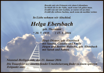 Todesanzeige von Helga Ebersbach von HNA