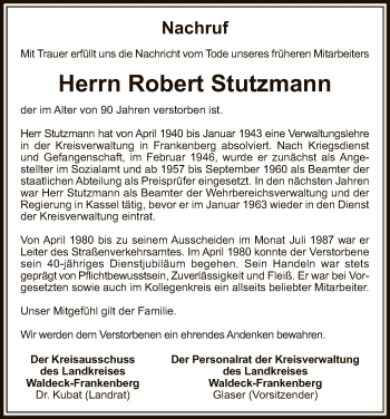 Todesanzeige von Robert Stutzmann von HNA