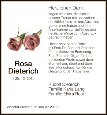 Todesanzeige von Rosa Dieterich von HNA