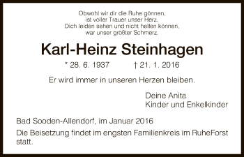 Todesanzeige von Karl-Heinz Steinhagen von HNA