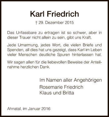 Todesanzeige von Karl Friedrich von HNA