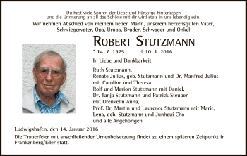 Todesanzeige von Robert Stutzmann von HNA