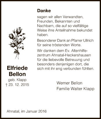 Todesanzeige von Elfriede Bellon von HNA