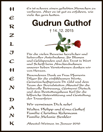 Todesanzeige von Gudrun Guthof von HNA