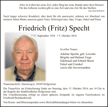 Todesanzeige von Friedrich Specht von HNA