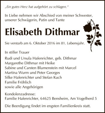 Todesanzeige von Elisabeth Dithmar von HNA
