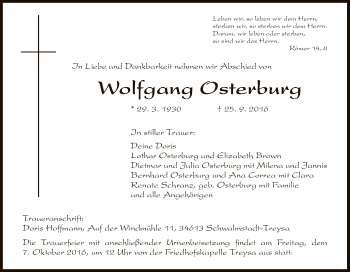 Todesanzeige von Wolfgang Osterburg von HNA