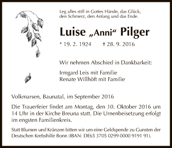 Todesanzeige von Luise Anni Pilger von HNA