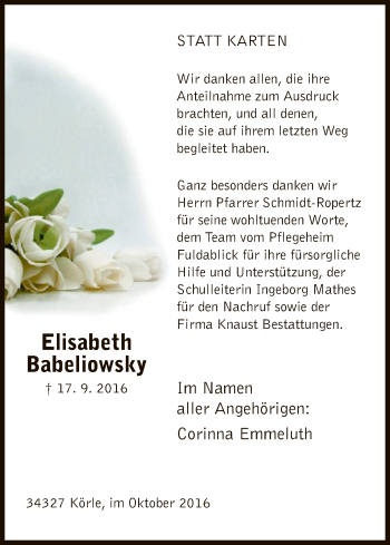Todesanzeige von Elisabeth Babeliowsky von HNA