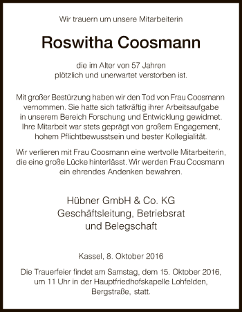 Todesanzeige von Roswitha Coosmann von HNA