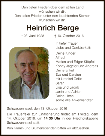 Todesanzeige von Rolf Stein von HNA