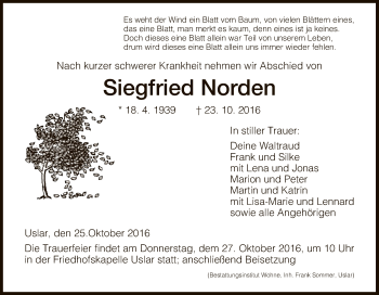 Todesanzeige von Siegfried Norden von HNA