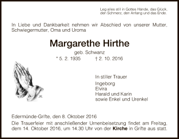 Todesanzeige von Margarethe Hirthe von HNA