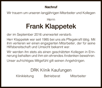 Todesanzeige von Frank Klappetek von HNA