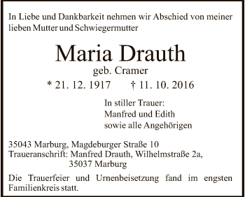 Todesanzeige von Maria Drauth von HNA