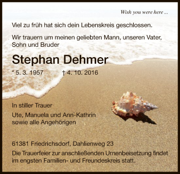 Todesanzeige von Stephan Dehmer von HNA