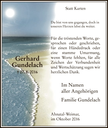 Todesanzeige von Gerhard Gundelach von HNA