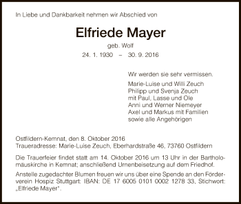 Todesanzeige von Elfriede Mayer von HNA