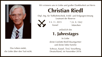 Todesanzeige von Christian Riedl von HNA