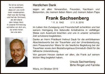 Todesanzeige von Frank Sachsenberg von HNA