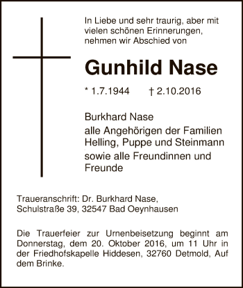 Todesanzeige von Gunhild Nase von HNA