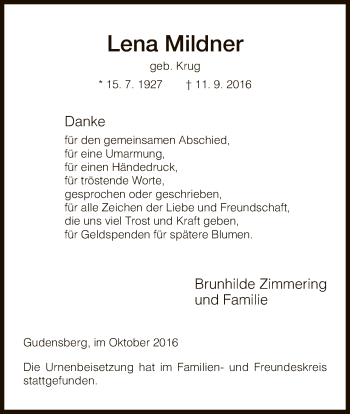 Todesanzeige von Lena Mildner von HNA
