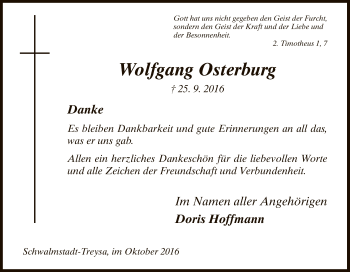 Todesanzeige von Wolfgang Osterburg von HNA