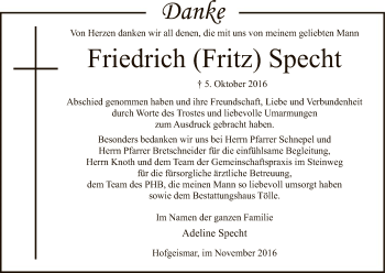 Todesanzeige von Friedrich Specht von HNA