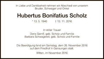 Todesanzeige von Hubertus Bonifatius Scholz von HNA
