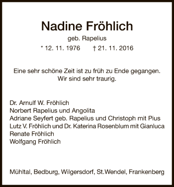 Todesanzeige von Nadine Fröhlich von HNA