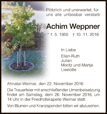 Todesanzeige von Achim Weppner von HNA