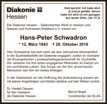 Todesanzeige von Hans-Peter Schwadron von HNA