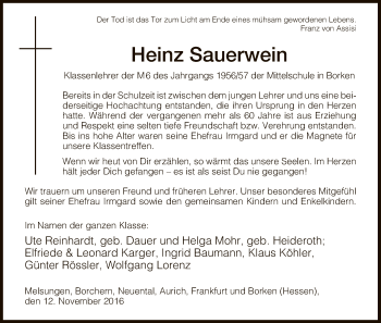 Todesanzeige von Heinz Sauerwein von HNA