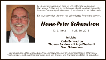 Todesanzeige von Hans-Peter Schwadron von HNA