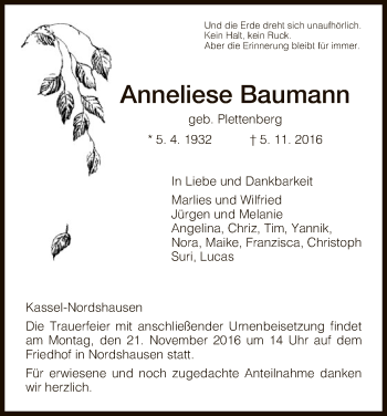 Todesanzeige von Anneliese Baumann von HNA