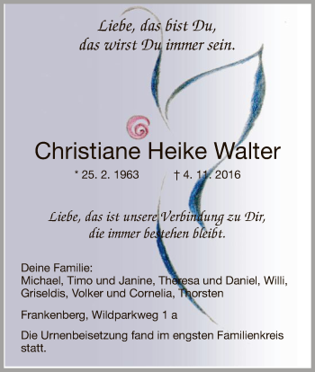 Todesanzeige von Christiane Heike Walter von HNA